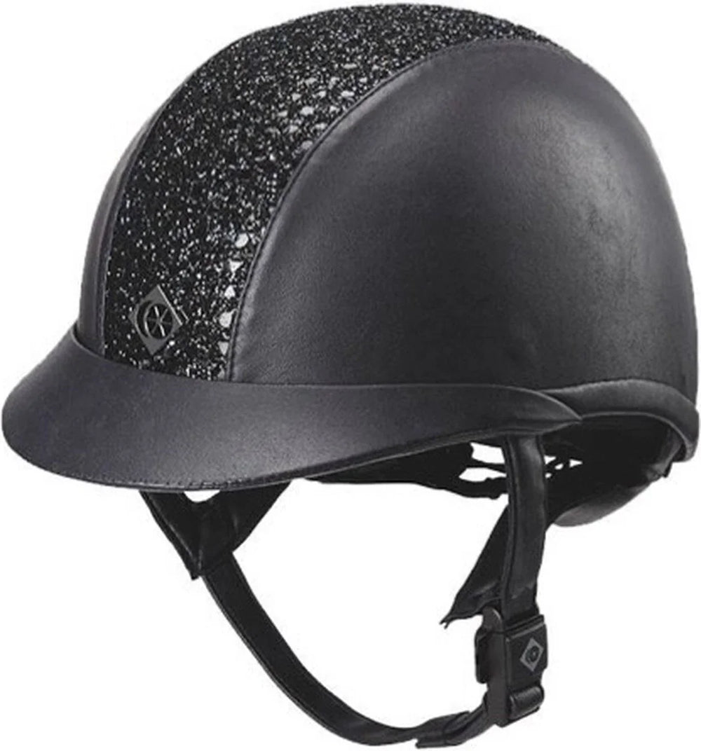 Black helmet with decorative headband on a white background