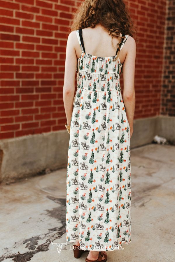 Robe midi Lucky & Blessed Crème Imprimé Cactus et Cowboy