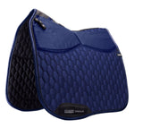 Blue and black quilted saddle pad on a white background