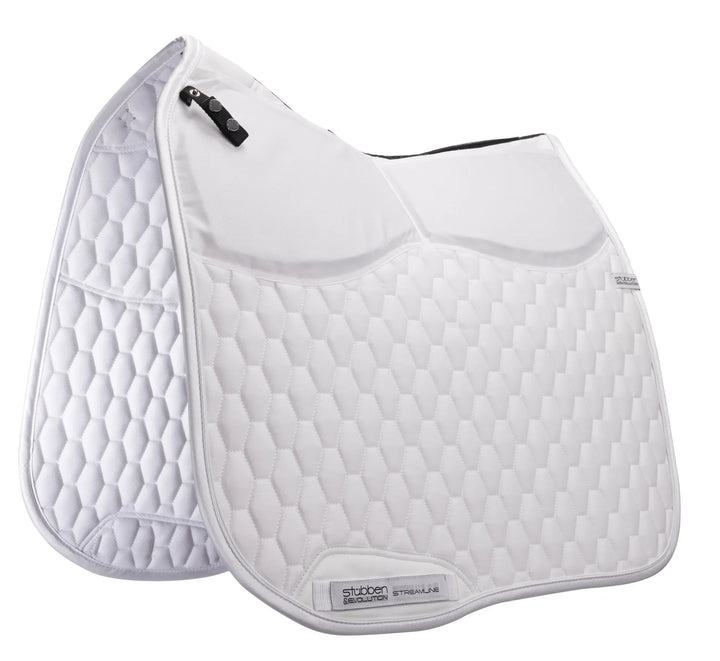 White quilted saddle pad with a visible brand logo on a white background