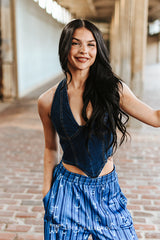 Top corset dos nu en denim stretch délavé foncé Lucky & Blessed