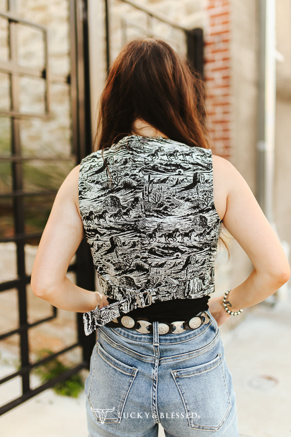 Corset boutonné à motif cheval noir et blanc jacquard « Lucky & Blessed »