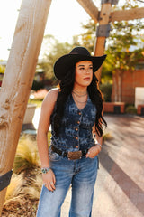 Gilet sans manches Lucky & Blessed Dark Wash Laser Western Concho à boutons