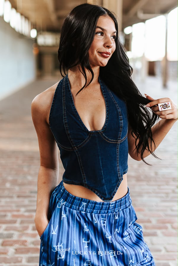Top corset dos nu en denim stretch délavé foncé Lucky & Blessed