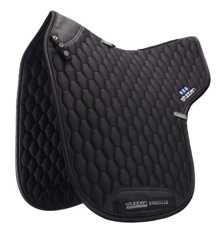 Black quilted saddle pad with 'Stabben' branding on a white background