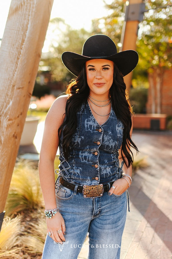 Gilet sans manches Lucky & Blessed Dark Wash Laser Western Concho à boutons