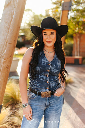 Gilet sans manches Lucky & Blessed Dark Wash Laser Western Concho à boutons