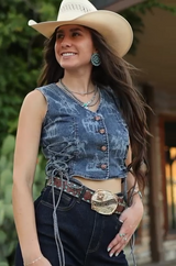 Gilet sans manches Lucky & Blessed Dark Wash Laser Western Concho à boutons